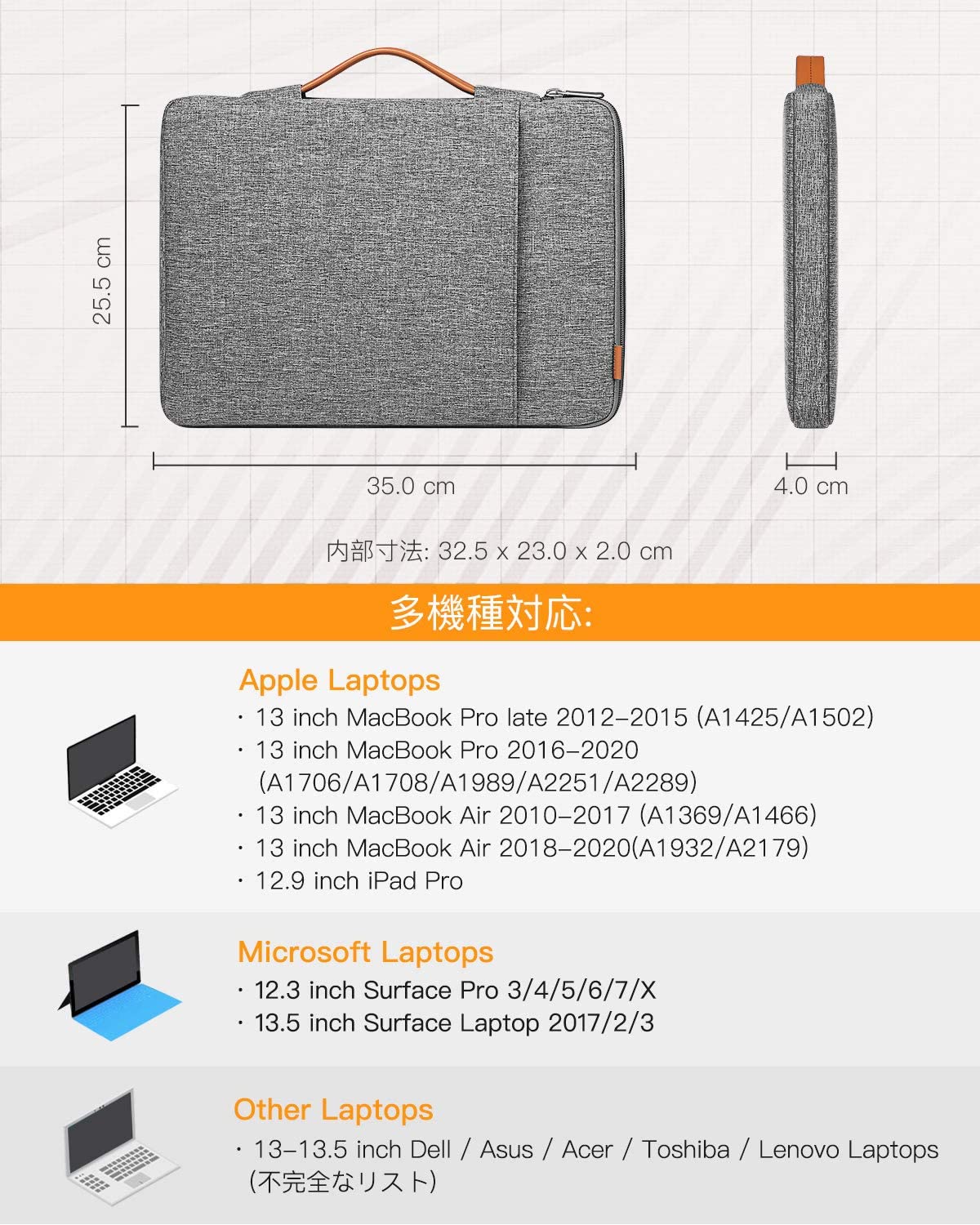 13-13.3インチ MacBook Air/ Pro、Surface Pro X/7/6/5/4 /3、Surface Laptop/Bookキャリングケース　LB02006，gray - Inateckバックパックジャパン
