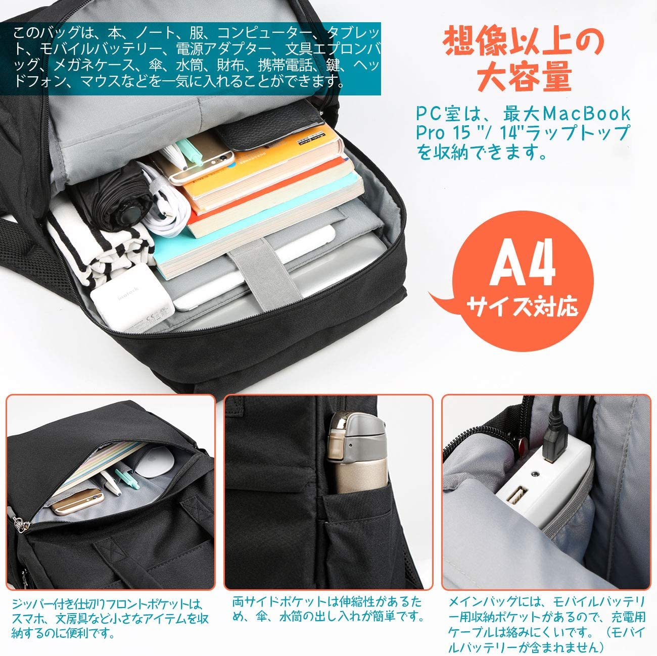 15インチ 超軽量 ラップトップバックパック 15インチMacBook Pro/14インチPC対応 BP01002，black - Inateckバックパックジャパン