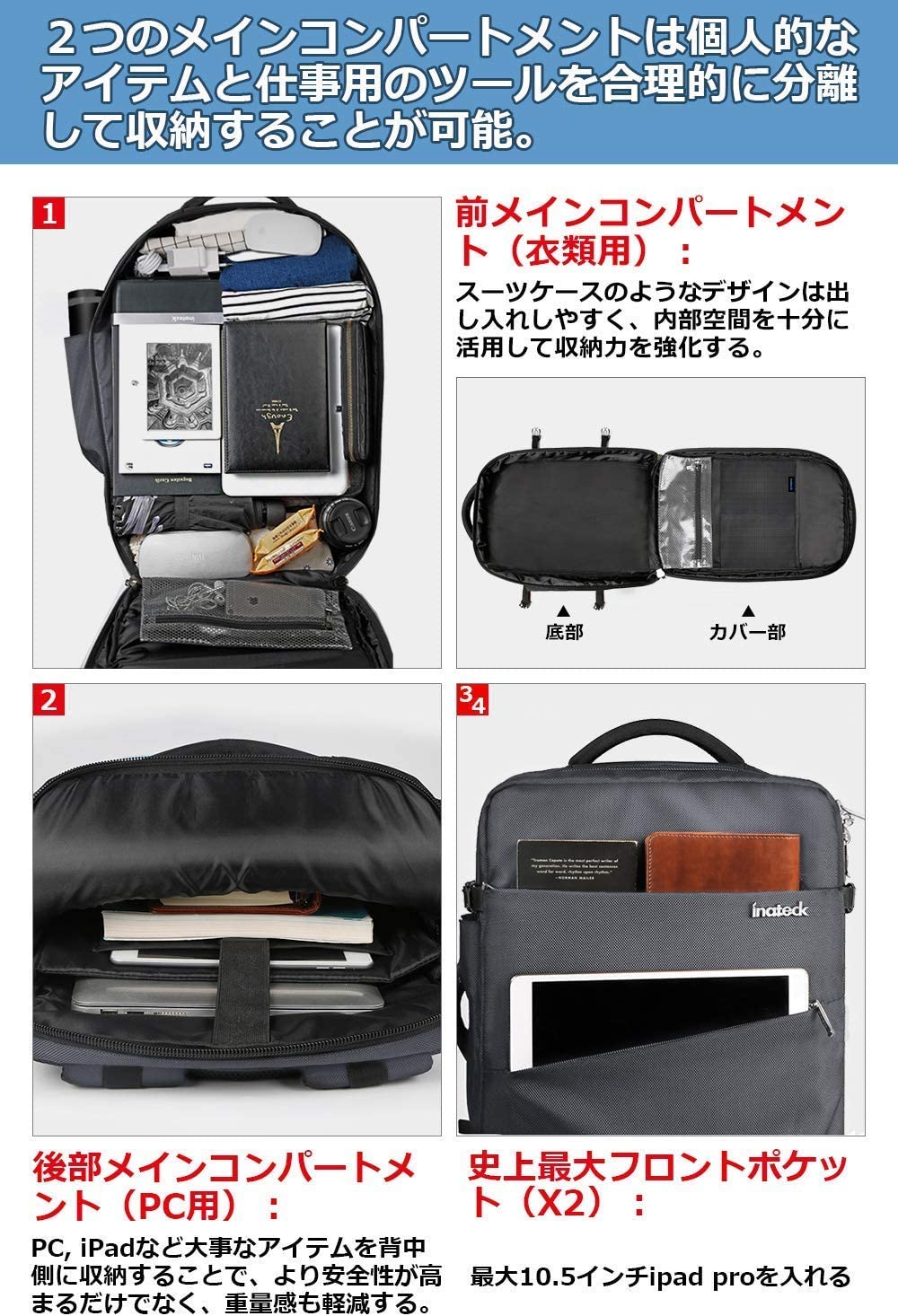 30L 15.6インチラップトップ ビジネ スラベルバックパックBP03002，gray - Inateckバックパックジャパン
