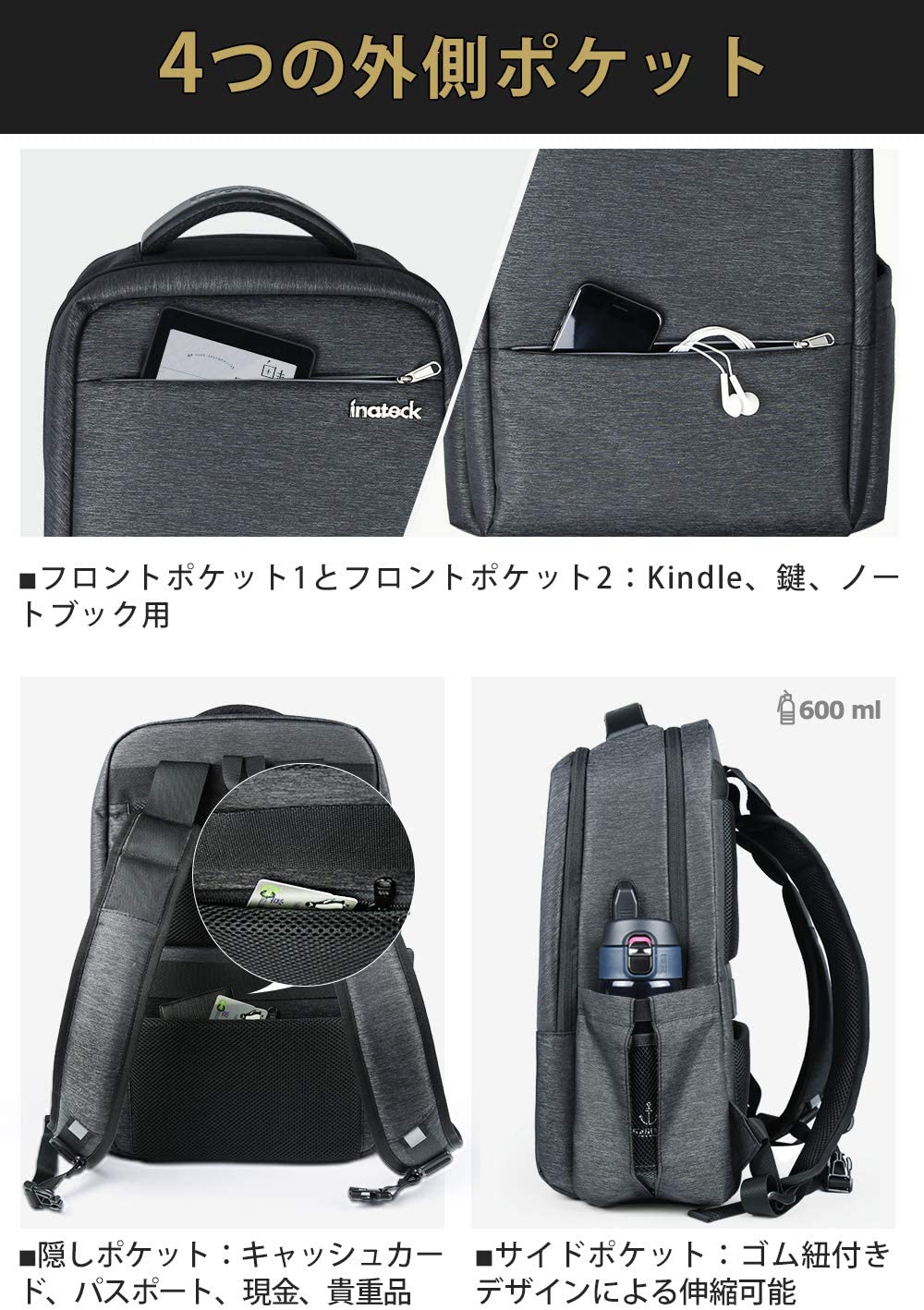 15.6インチ ラップトップバックパック USB充電ポート付き 撥水加工　CB1001，black - Inateckバックパックジャパン