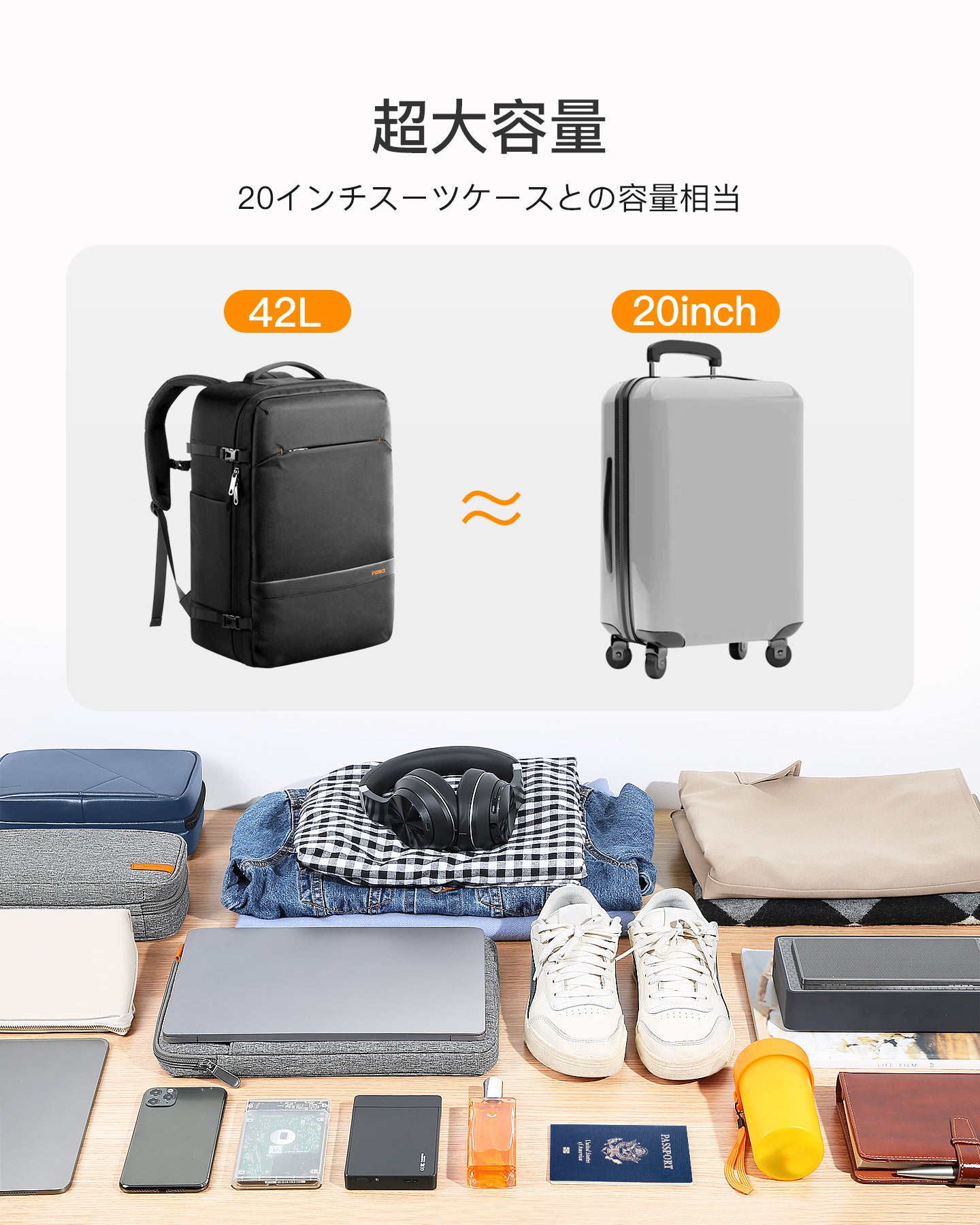 42L 大容量 トラベル ビジネス リュックサック バックパック リュック 機内持ち込み 手荷物 短期出張 通勤 帰省 海外　旅行 アウトドア  撥水生地 ハンドラゲッジ