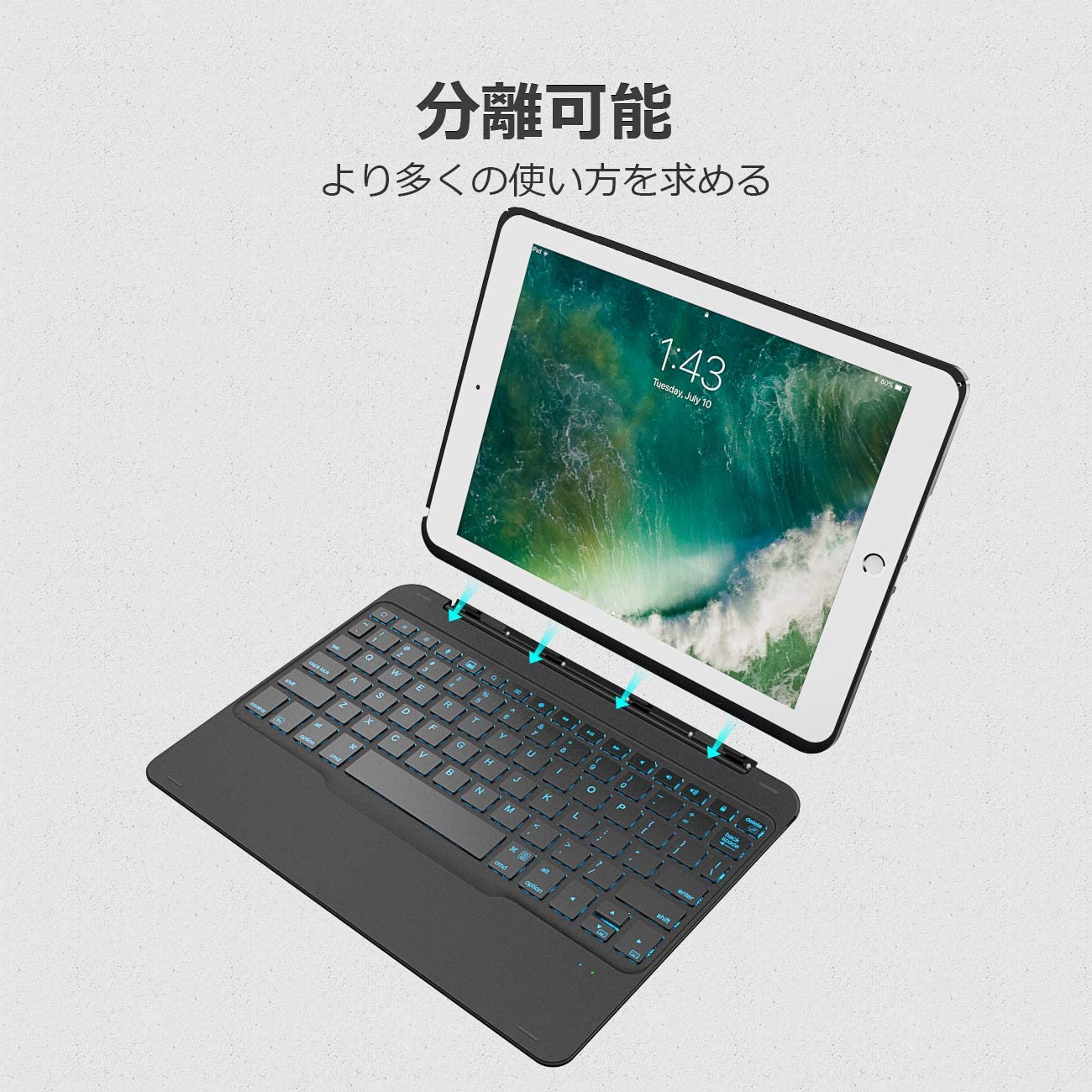 iPadキーボードケースiPad2018/2017、iPad Air、バックライト付き、取り外し可能なキーボード-KB02003_black - Inateckバックパックジャパン